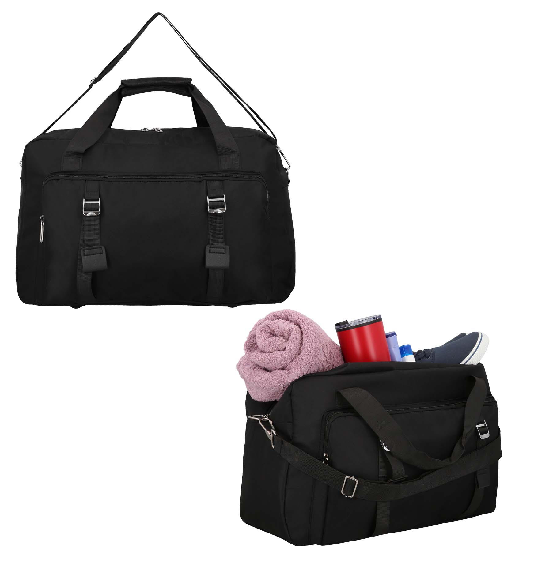 Maleta de 2 compartimentos, 1 compartimento principal con bolsa interna plastificada, 1 compartimento frontal, dos asas y correa ajustable. NEGRO