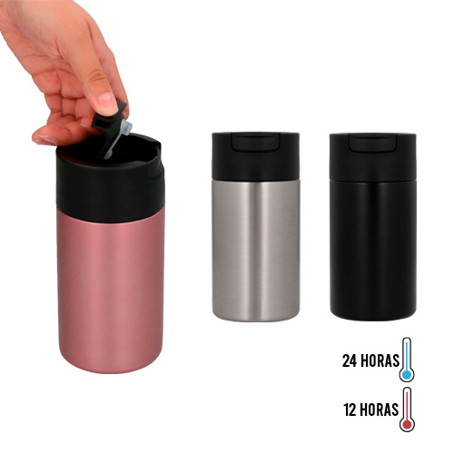 Termo de acero inoxidable y doble pared insulado al vacío con tapa enroscable con boquilla de seguridad. NEGRO