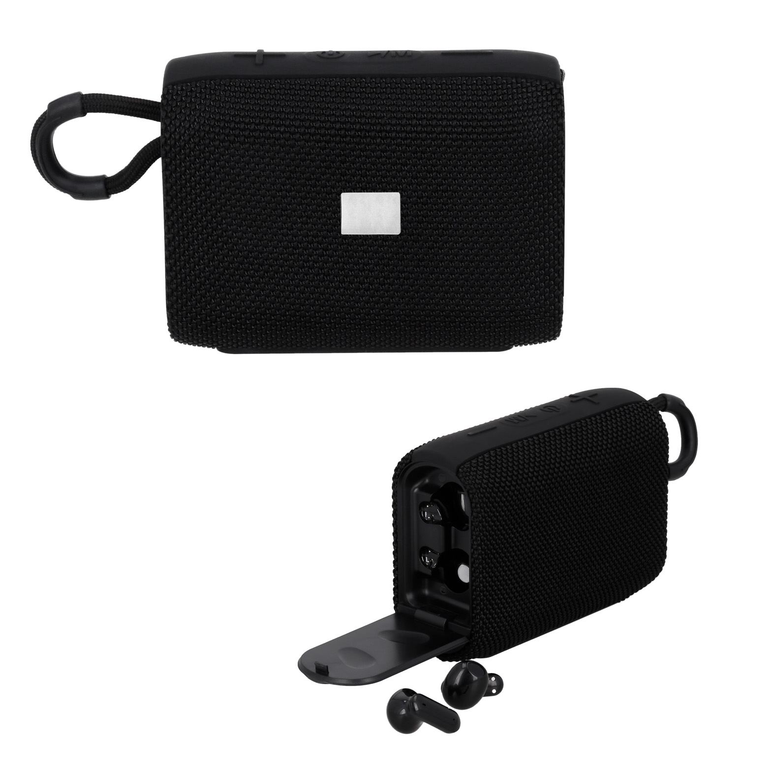 Bocina inalámbrica portátil con entrada micro SD, USB, auxiliar y audífonos con mecanismo touch. Incluye cable de carga tipo C. NEGRO