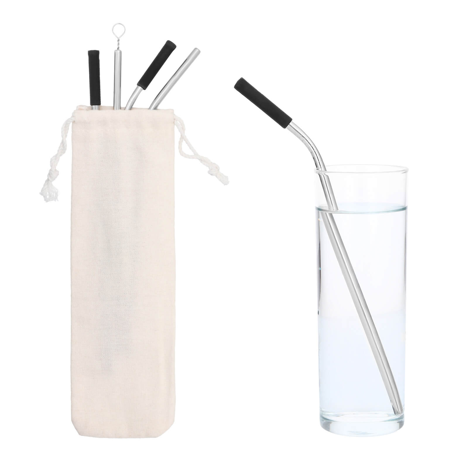 Set de popotes de acero inoxidable reutilizables con estuche de poliéster y correa ajustable que incluye: boquillas de silicón, 2 popotes curvos y 2 popotes rectos con cepillo limpiador. NEGRO