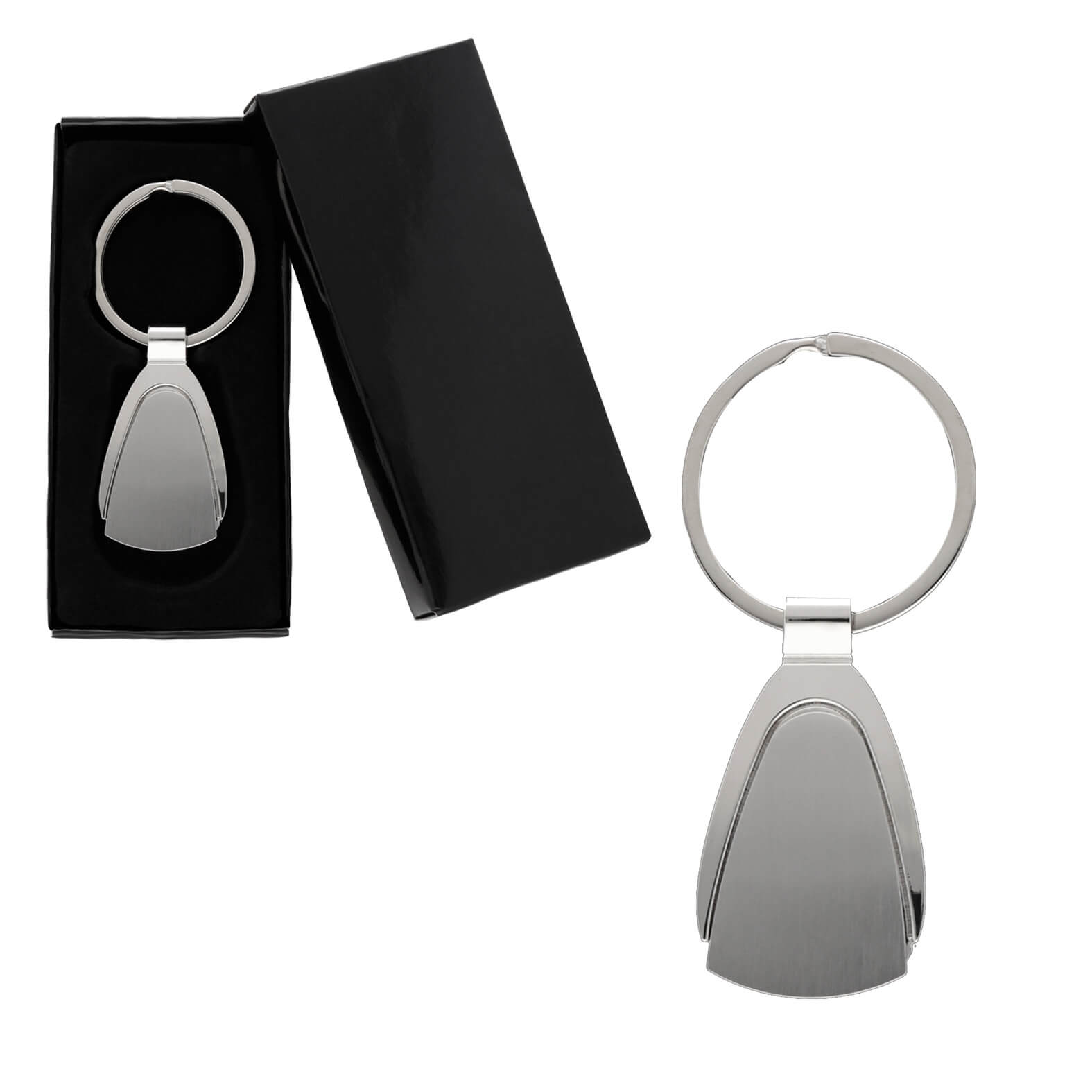 Llavero metálico semi ovalado con relieve y arillo reforzado. PLATA