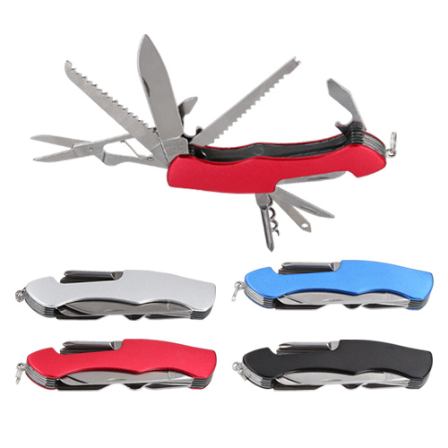 Navaja metálica multiusos con 9 funciones: Sierra, destapador, abrelatas, tijeras, serrucho, navaja, sacacorcho, lima y desarmador. AZUL