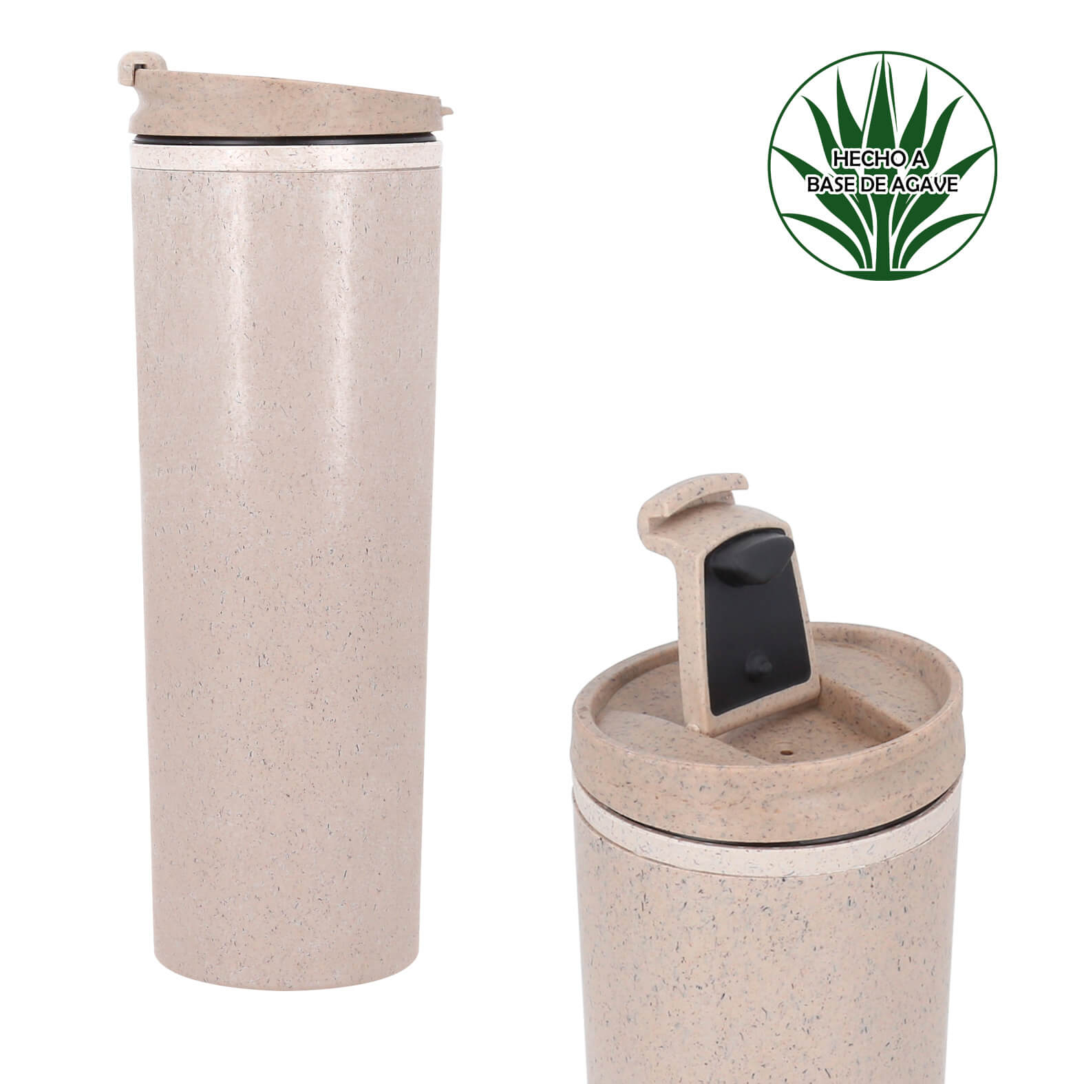 Termo de RPET con doble pared, tapa enroscable hecha a base de agave y con válvula de seguridad. AGAVE