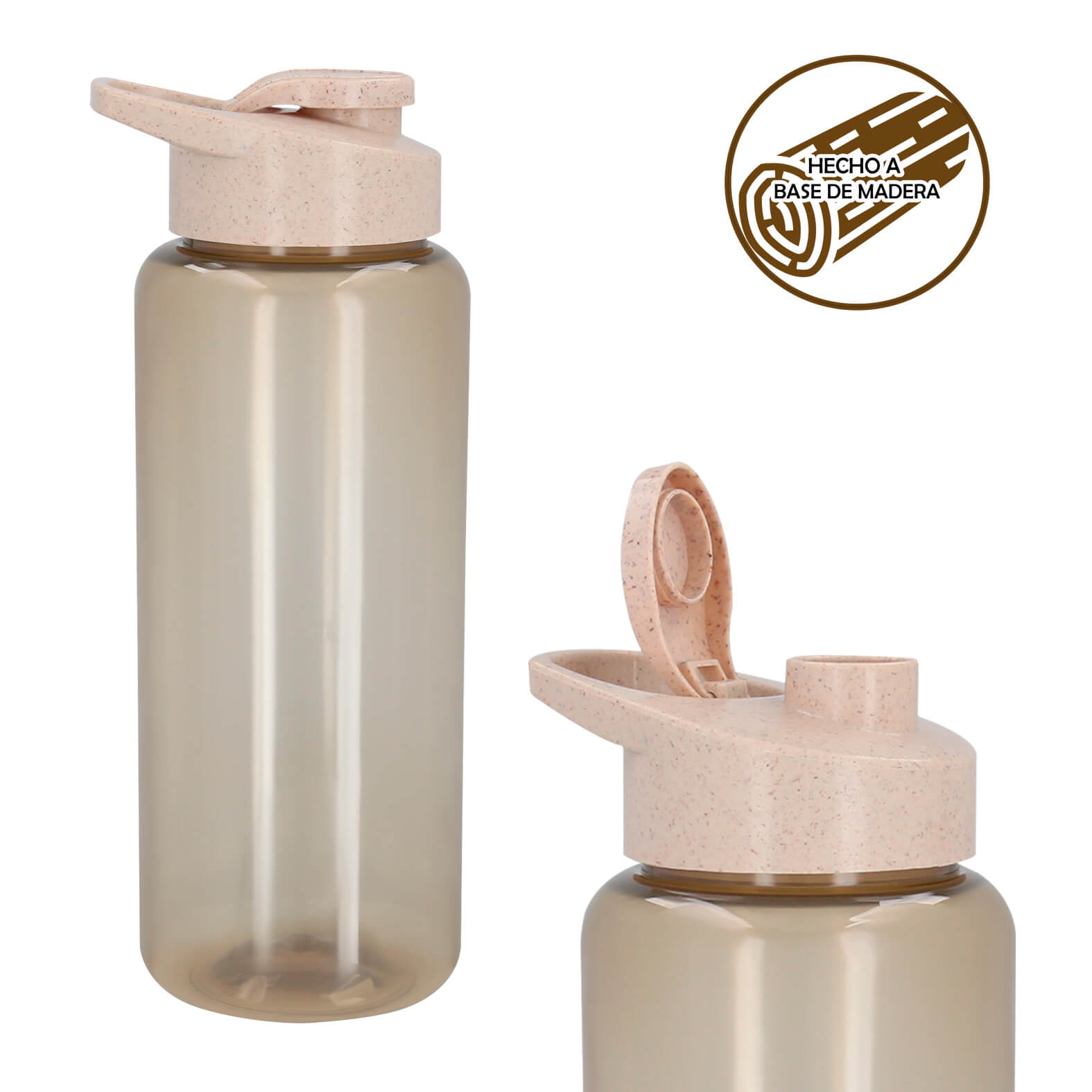 Cilindro de RPET con tapa enroscable hecha a base de madera, asa y boquilla que cierra a presión. (El envío de este material se hace por separado de base y tapas derivado a los cambios de altura si se traslada a otros lugares de la República). MADERA