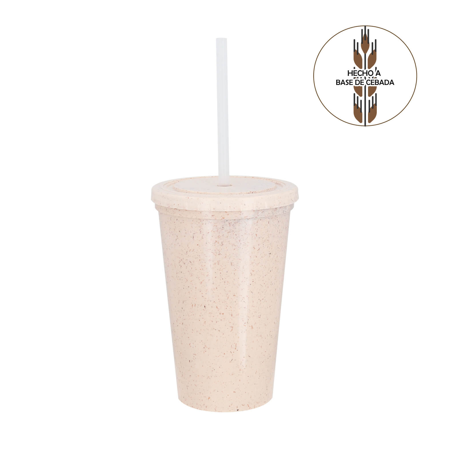 Vaso de RPET con tapa hecha a base de cebada y popote. CEBADA