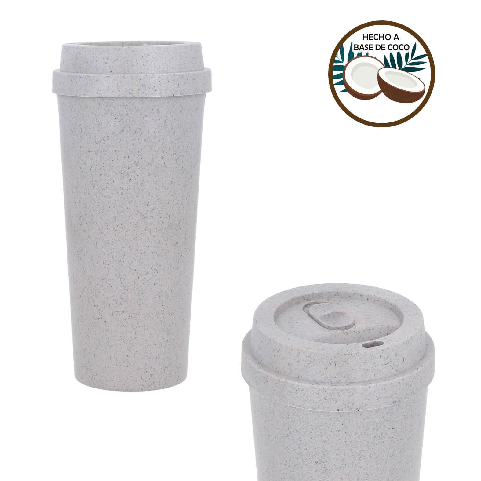 Termo de RPET con doble pared y tapa hecha a base de coco enroscable con seguro deslizable. COCO