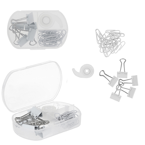 Mini set de oficina. Contiene 10 clips estándar, 5 clips sujetadocumentos y despachador de cinta adhesiva. Incluye estuche de plástico. TRANSPARENTE