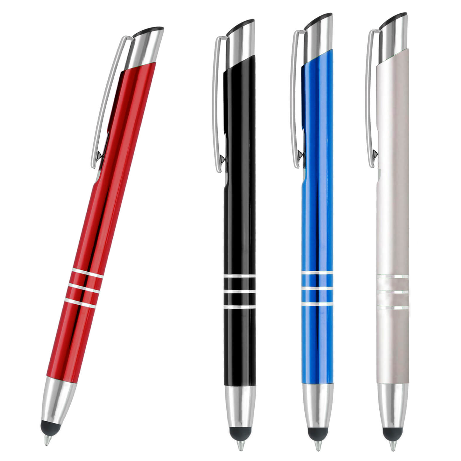 Bolígrafo metálico con goma touch screen en la punta, clip y mecanismo de click. AZUL