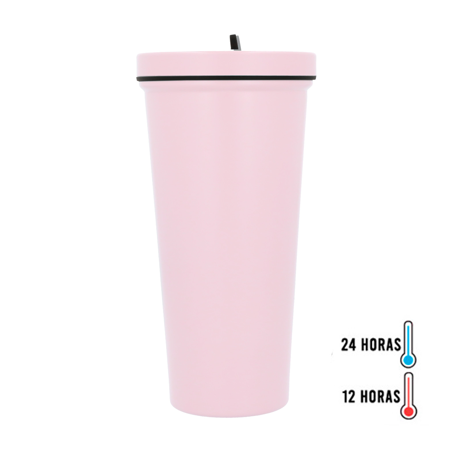 Termo de acero inoxidable de doble pared insulado al vacío, su tapa enroscable cuenta con boquilla abatible y popote. ROSA