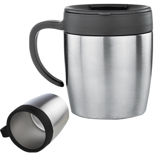 Taza térmica con doble pared de acero inoxidable, tapa enroscable, asa de plástico y válvula de seguridad. NEGRO