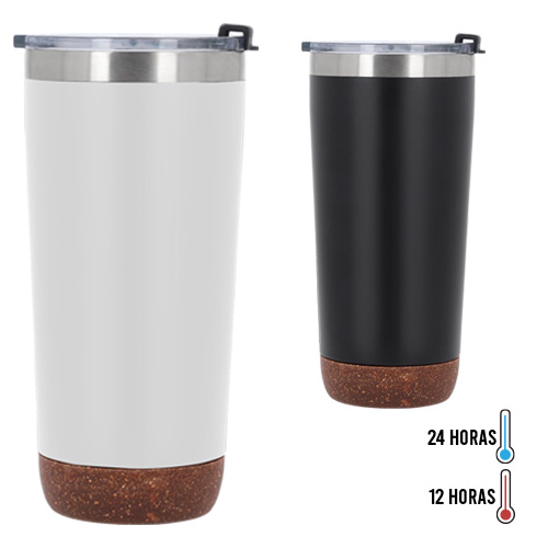 Termo insulado al vacío con doble pared de acero inoxidable, acabado rugoso, base de corcho y tapa de cierre a presión. BLANCO