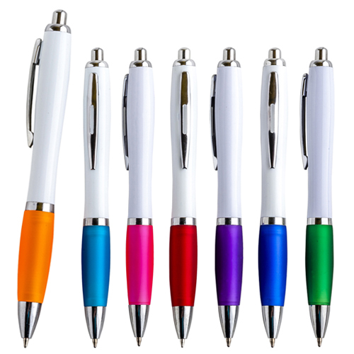 Bolígrafo de plástico con clip metálico y grip de goma. AZUL