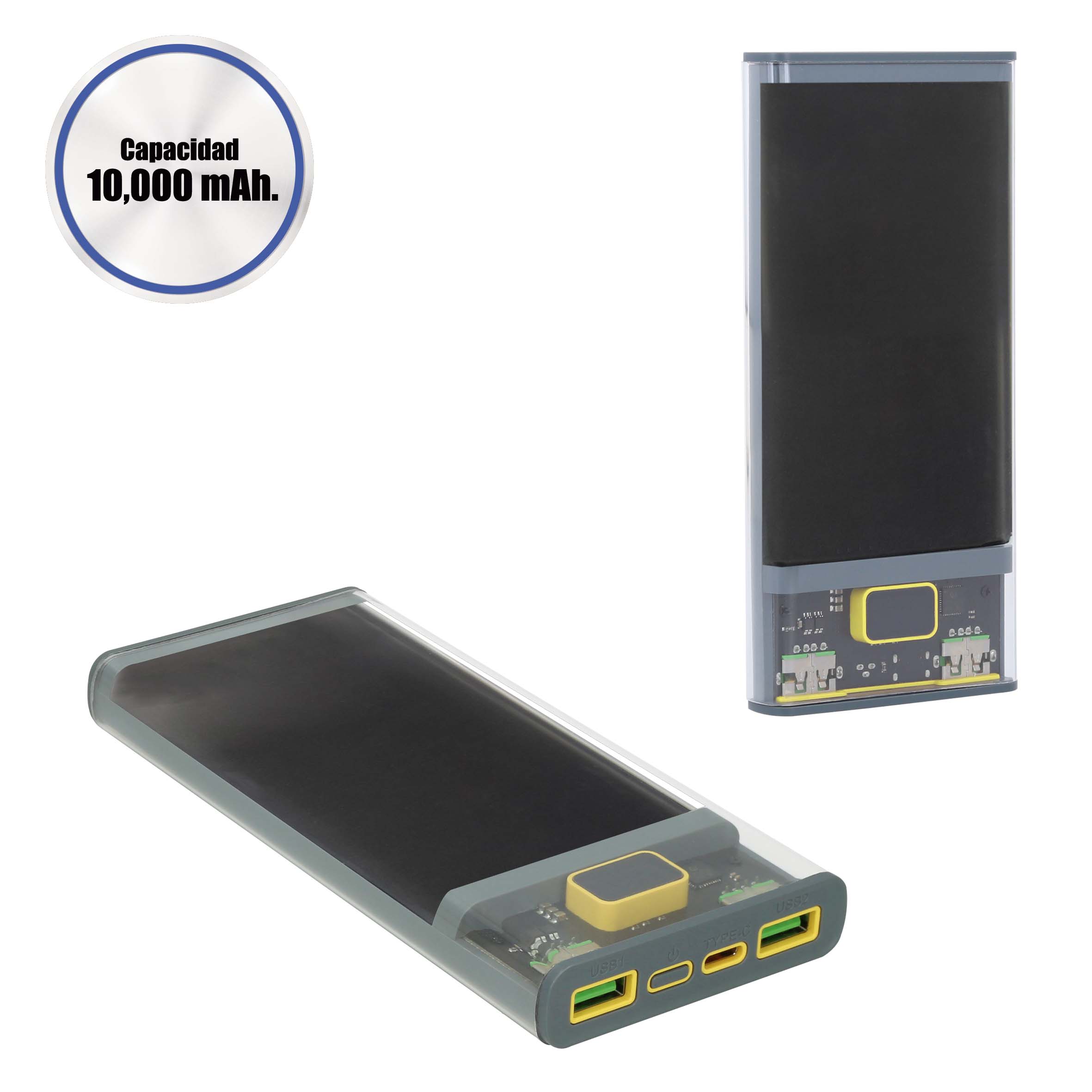 Power Bank transparente de 10,000 mah con 2 entradas USB y 1 tipo C para carga rápida. GRIS