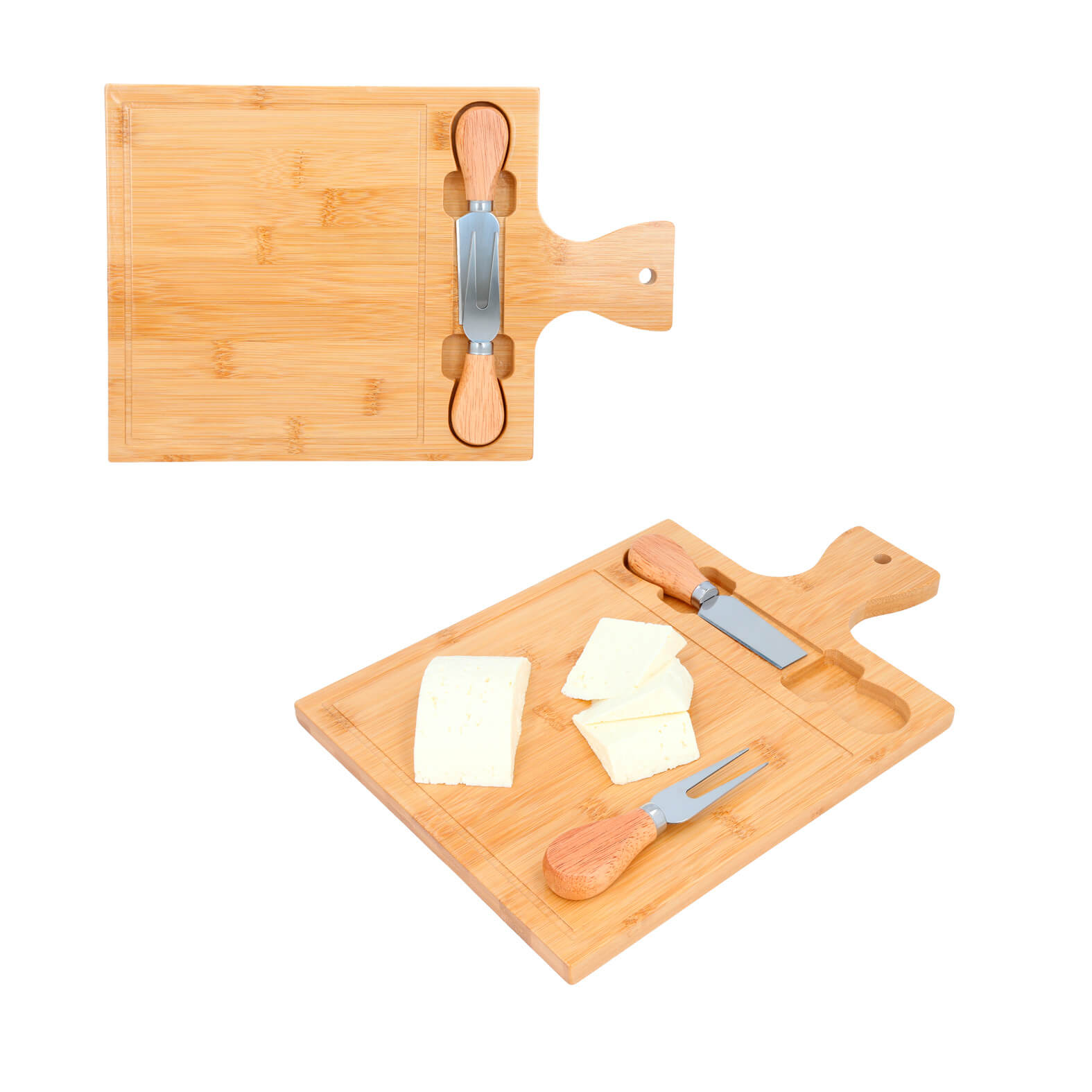 Tabla de quesos rectangualr con mango, 1 tenedor y 1 cuchillo de pala. BAMBU