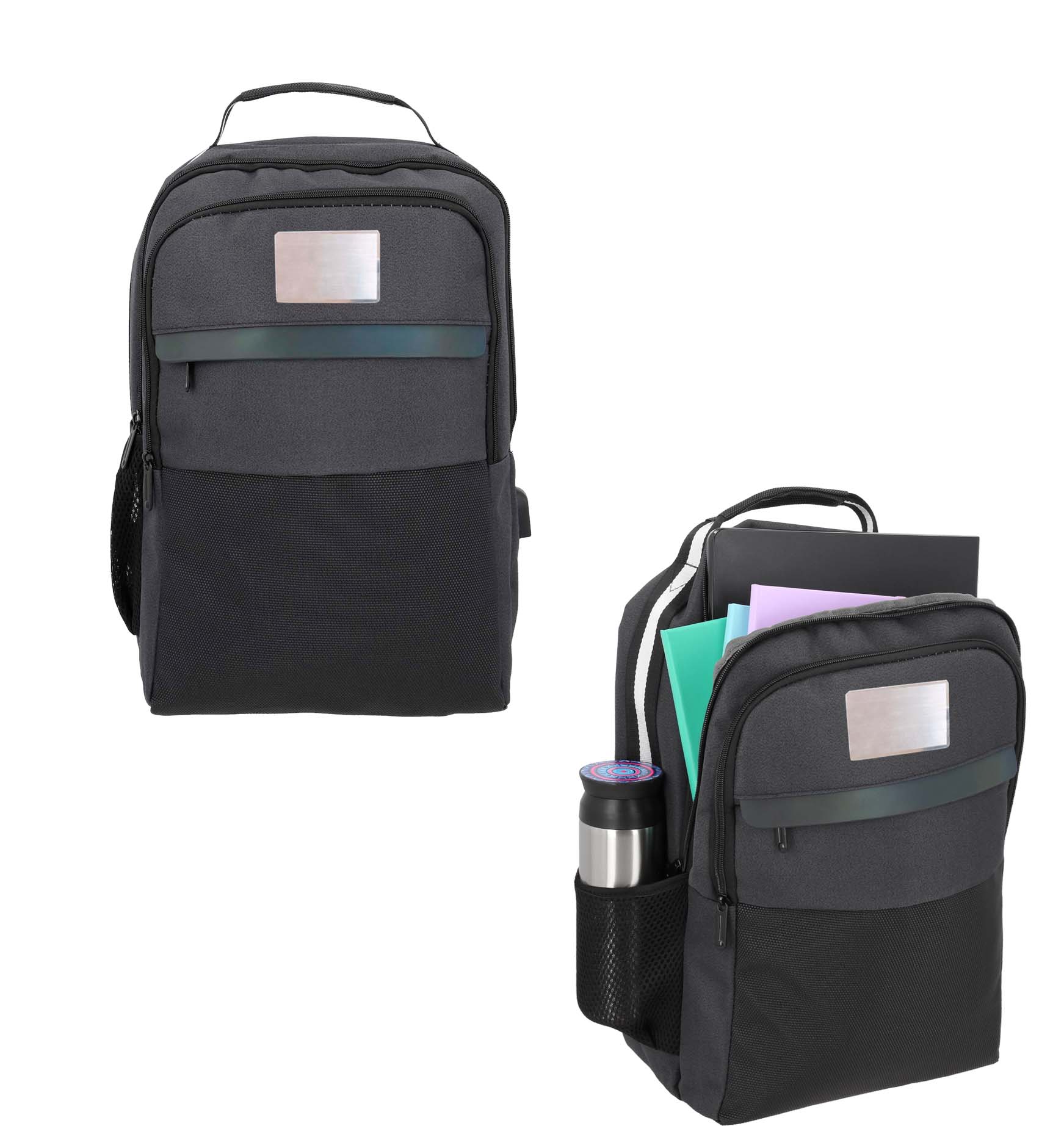 Mochila con compartimento principal, espacio para laptop de 17", dos compartimentos frontales, malla lateral, asa y banda reflejante. NEGRO