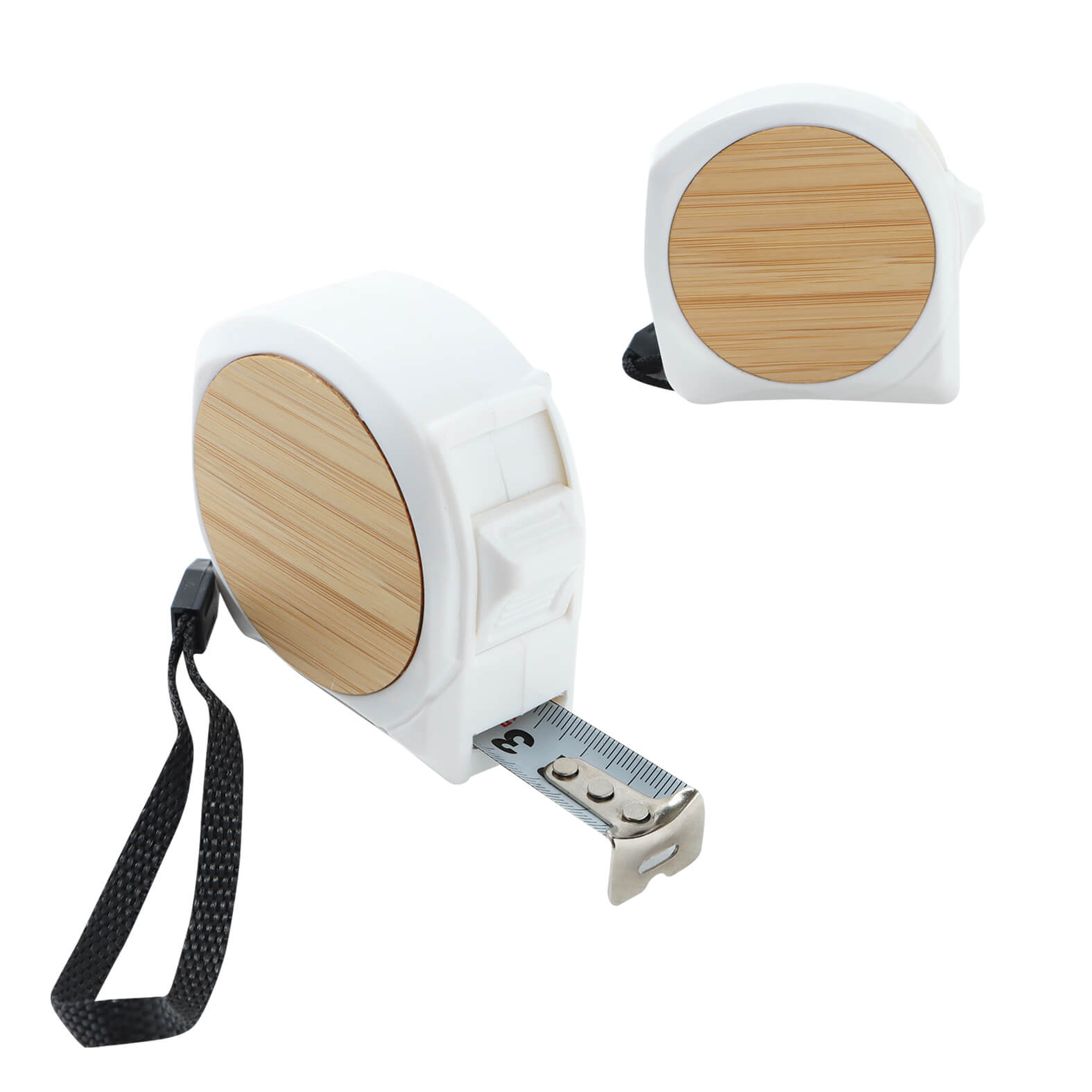 Flexómetro con detalle en bambú y cinta metálica de 5 m. Incluye correa y seguro. BLANCO