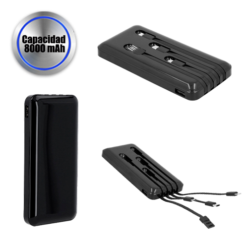 Power bank portátil. Incluye cable de carga para dispositivos con entrada micro USB, V8, tipo c y tipo lightning. NEGRO