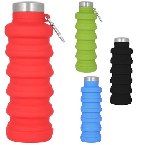 Cilindro de silicón tipo acordeón que se extiende y se contrae, con tapa metálica enroscable y arnés. Incluye bolsa y caja individual. AZUL