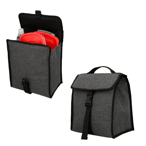 Lonchera con interior plastificado, cierre de broche, asa superior y fuelle en la base. GRIS