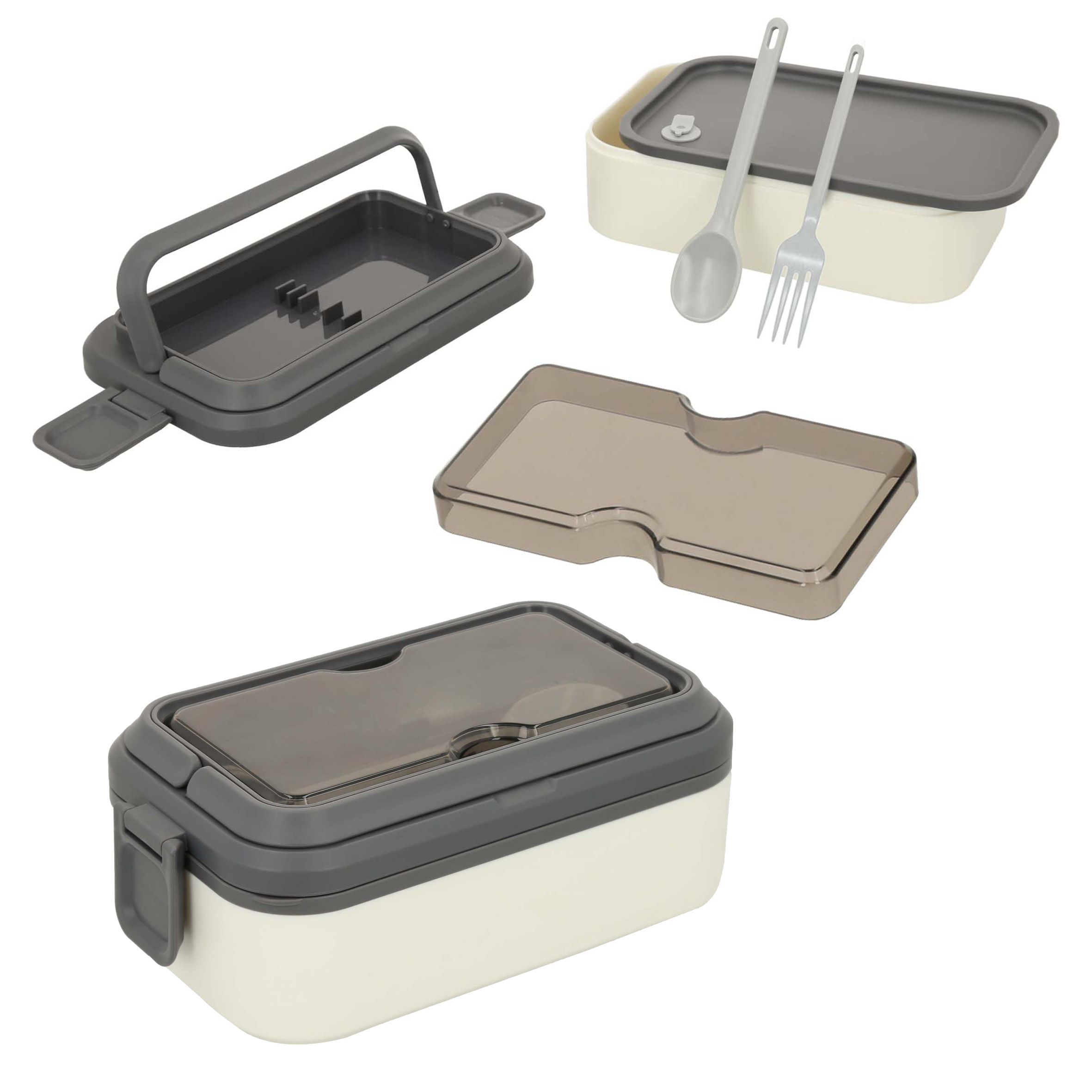 Contenedor de alimentos de plástico, con asas superiores, clips de seguridad y compartimento para cuchara y tenedor. BLANCO