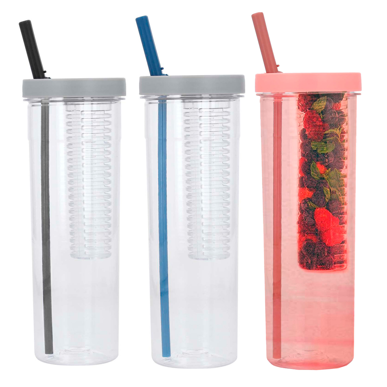 Cilindro de plástico con infusor de frutas y popote. AZUL