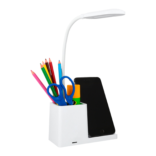 Lámpara para escritorio con multiorganizador y cargador wireless para smartphones. Compatible con smartphones con tecnología Qi. Potencia de salida de máximo 15W. Incluye cable de carga. BLANCO