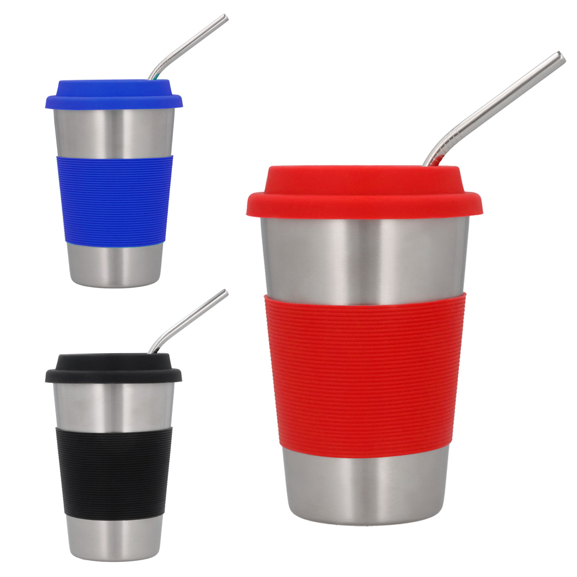 Vaso de acero inoxidable con tapa y cintilla de silicón. Incluye popote. AZUL