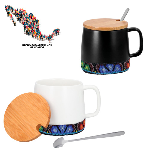 Taza de cerámica acabado mate con tapa de bambú. Incluye cuchara de acero inoxidable. EDICIÓN HUICHOL. BLANCO