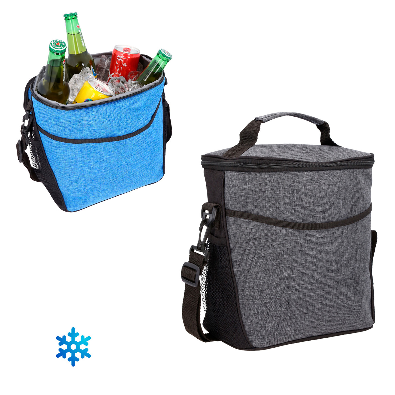 Hielera de poliéster con interior térmico, asa, bolsillos laterales de malla, correa para sujetar al hombro y un compartimento externo al frente. AZUL