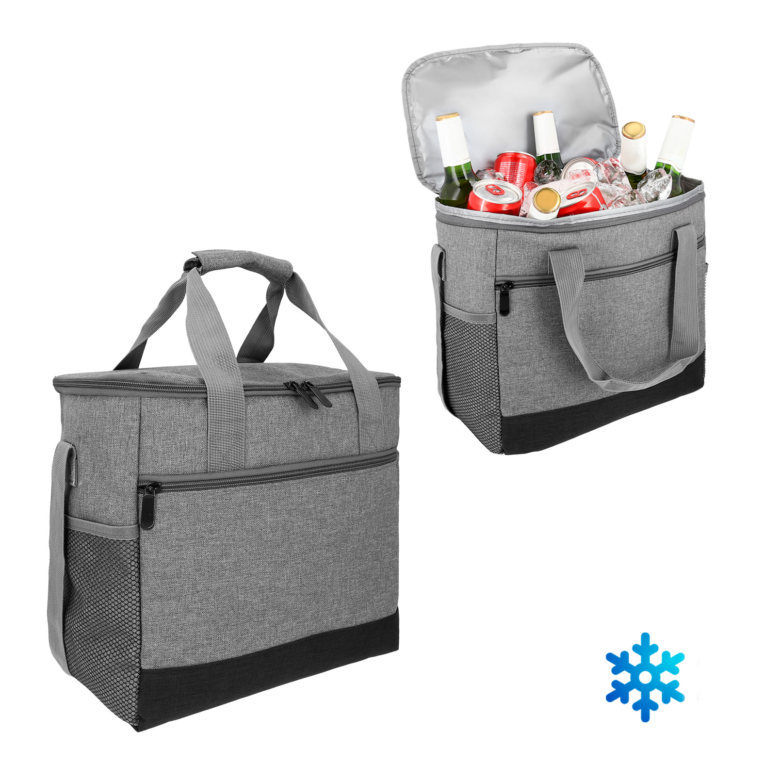 Hielera de poliéster con interior impermeable plastificado, 2 asas con broche de velcro, 1 correa ajustable, 2 compartimentos de malla laterales y 1 compartimento exterior con cierre. GRIS