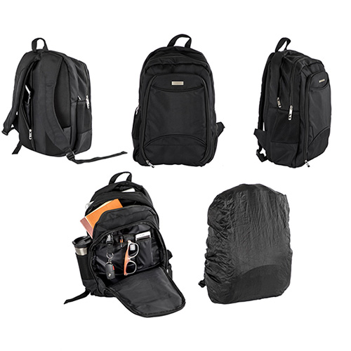 Mochila de 3 compartimentos con cierre, espacio acolchado para laptop max. de 16 pulgadas. organizador interno y porta llaves. Bolsa lateral de red y bolsa lateral con cierre, respaldo y tirantes acojinados con compartimento trasero secreto con funda para celular y placa metálica. NEGRO