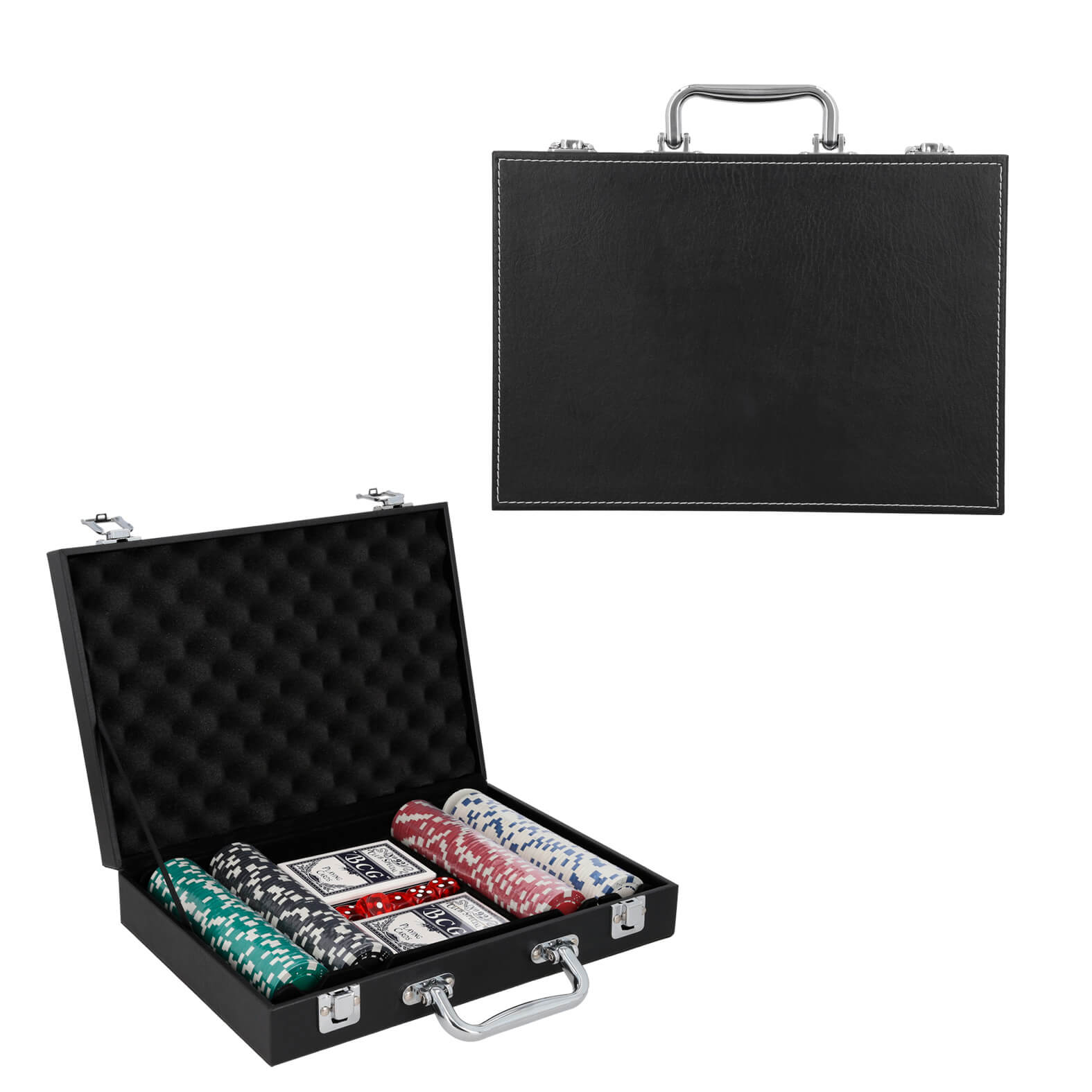 Set de juego de poker con 2 barajas, 5 dados, 1 ficha dealer y 200 fichas de 4 diferentes colores. NEGRO