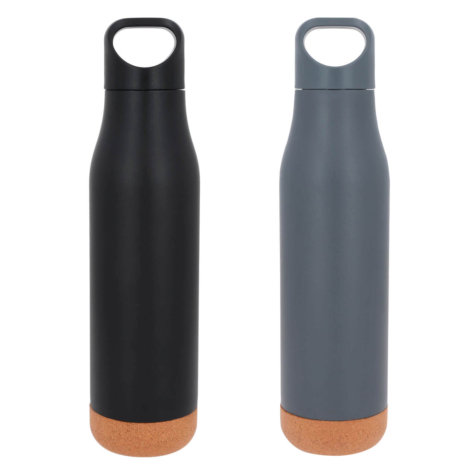 Termo con doble pared de acero inoxidable, insulado al vacío, acabado rugoso, base de corcho, y tapa enroscable con asa. Cap. 500 ml. GRIS