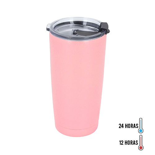 Termo insulado al vacío, con doble pared de acero inoxidable y acabado con glitter. Incluye tapa de cierre a presión y boquilla de seguridad. ROSA