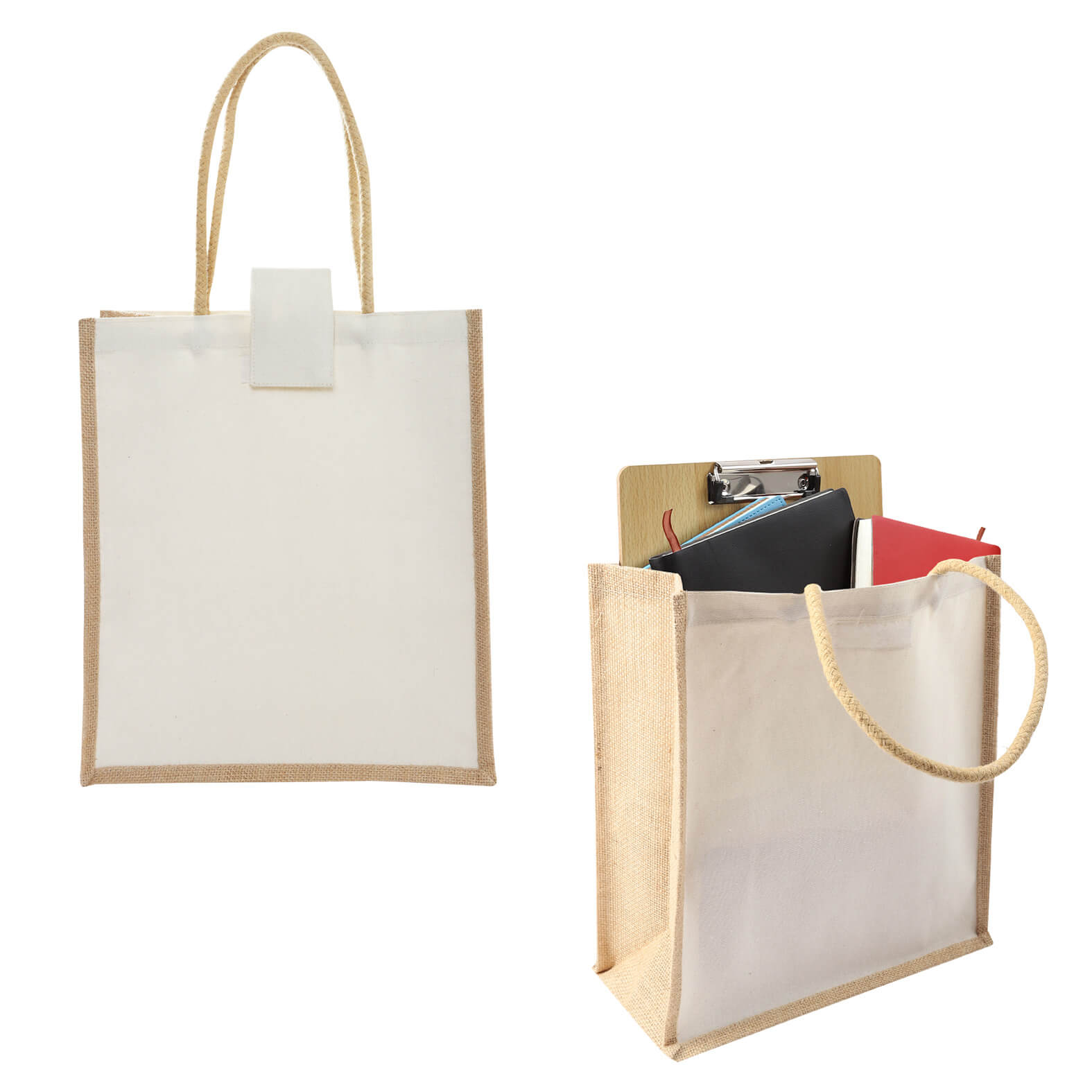 Bolsa de loneta laminada con yute, cierre de velcro y asas. UNICO