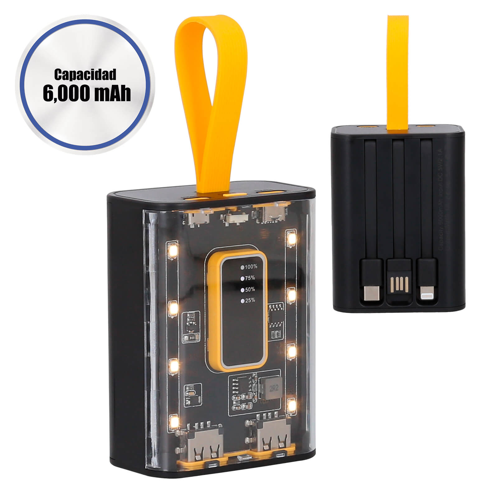 Power Bank transparente de 6,000 mAh con 2 puertos USB, 1 Micro, 1 tipo C y botón de encendido o apagado. Incluye cables de carga para dispositivos con entrada USB, lightning, tipo C y 4 tipos de luz led que sirven como lámpara. NEGRO