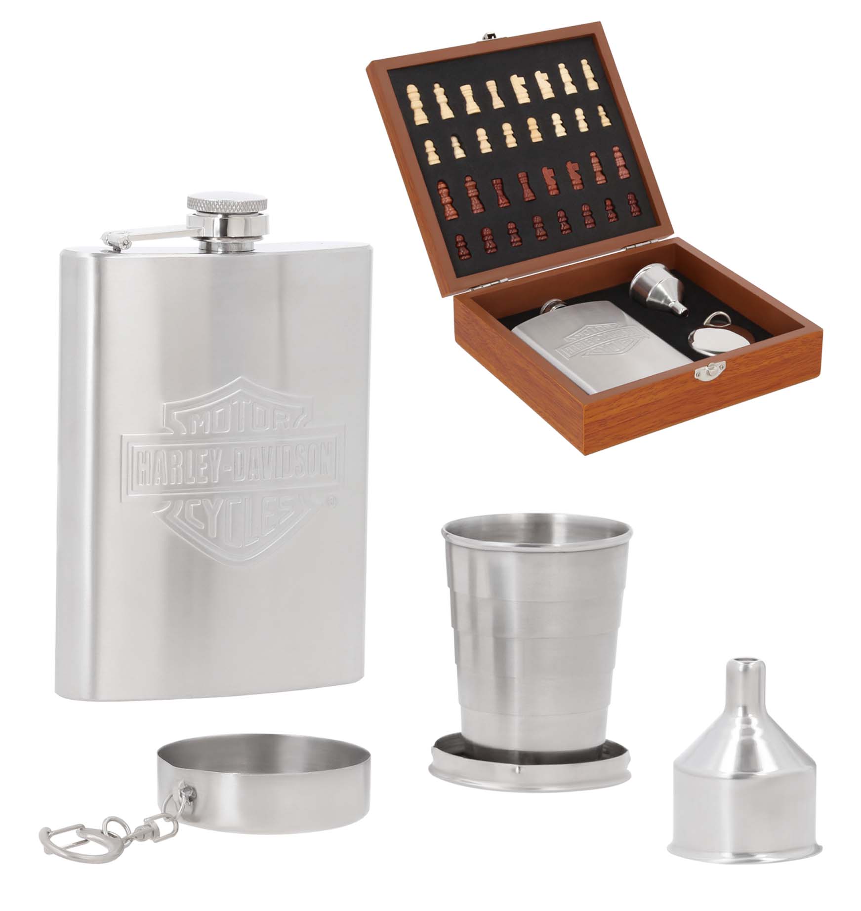 Set de licorera que incluye 1 licorera, 1 llavero que se convierte en shot, embudo y ajedrez. MADERA