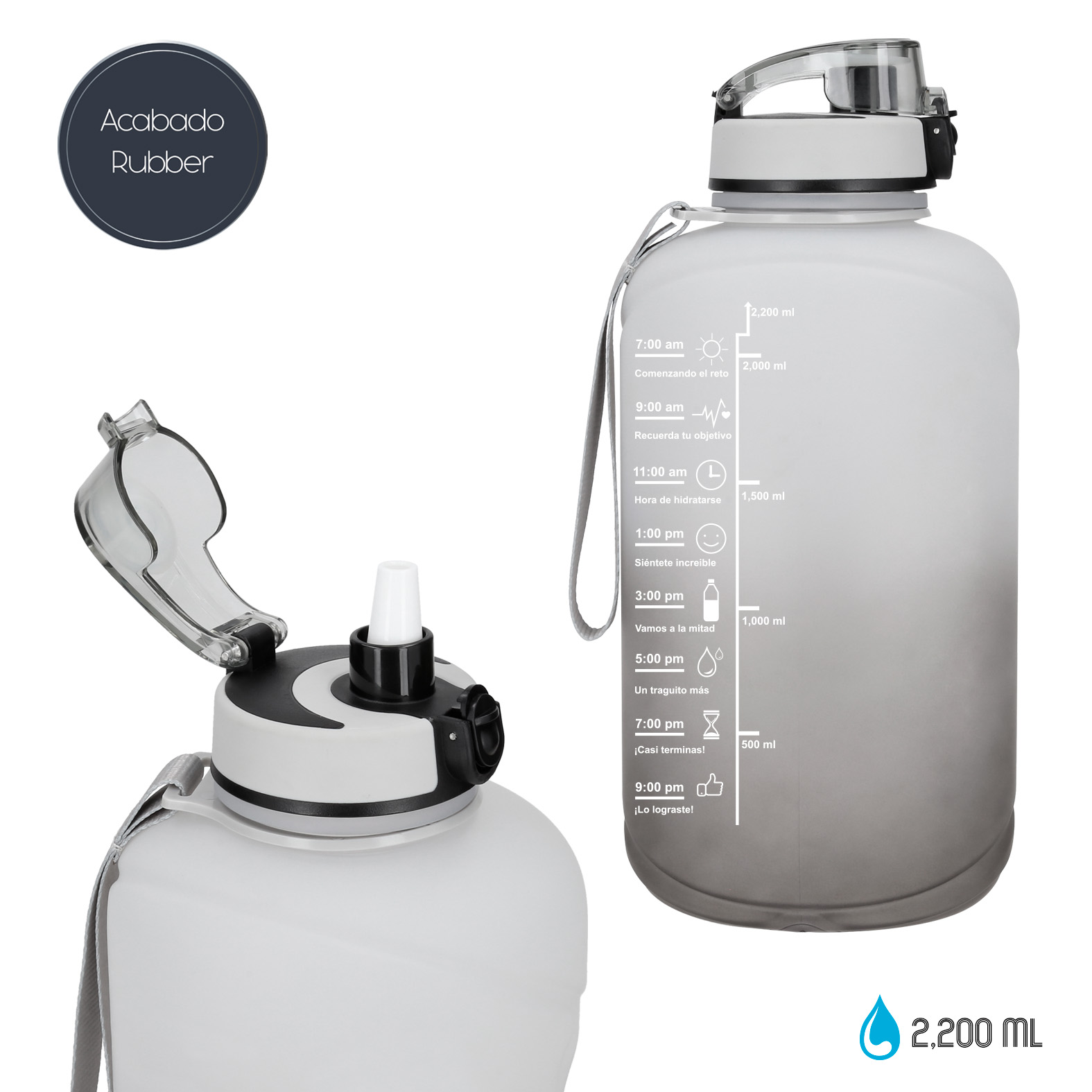 Cilindro de plástico con acabado rubber, popote, tapa de seguridad y asa. NEGRO