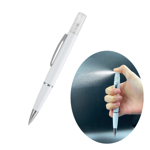 Bolígrafo de plástico que incluye gel antibacterial en spray. Es recargable. BLANCO