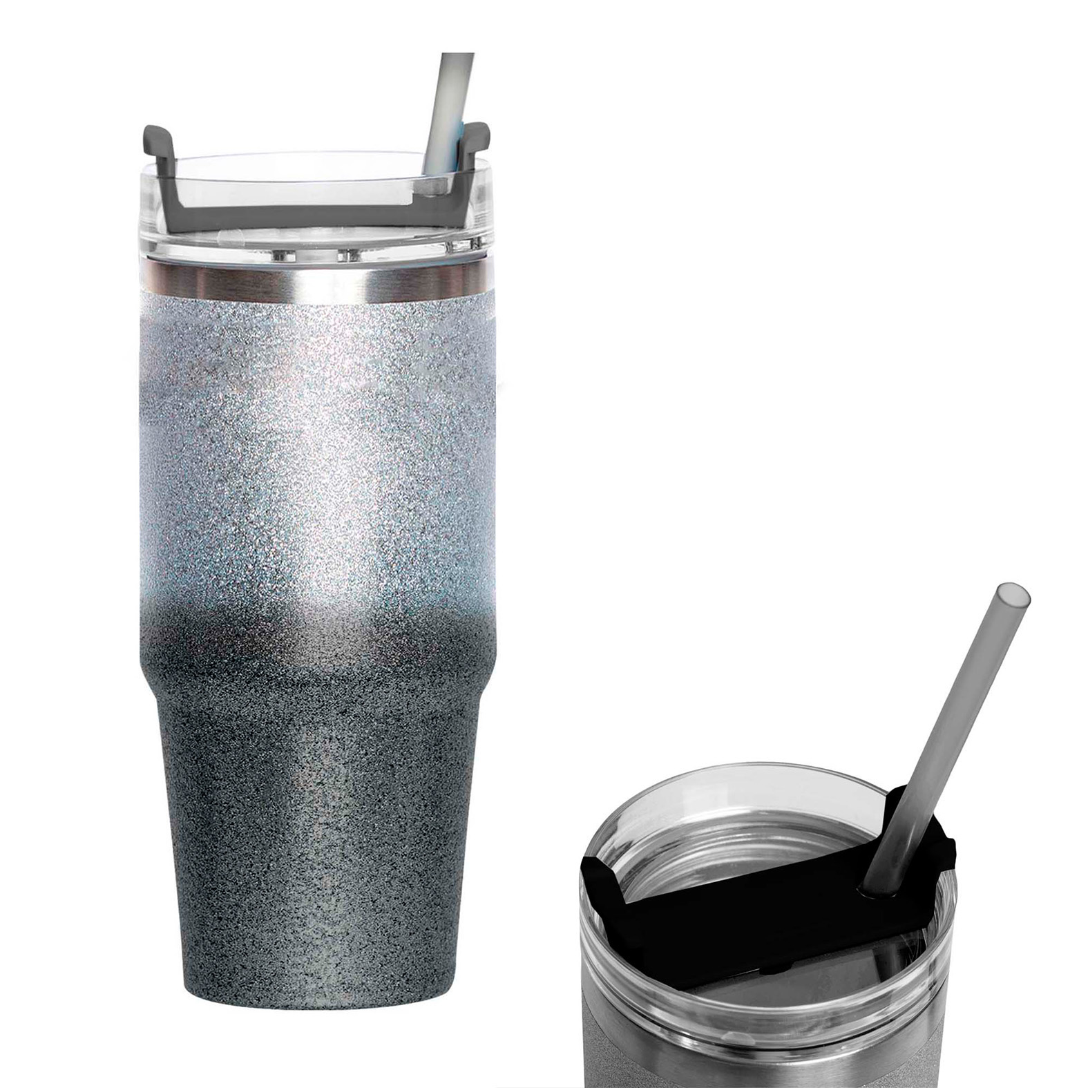 Termo con glitter, insulado al vacío, con tapa enroscable. NEGRO