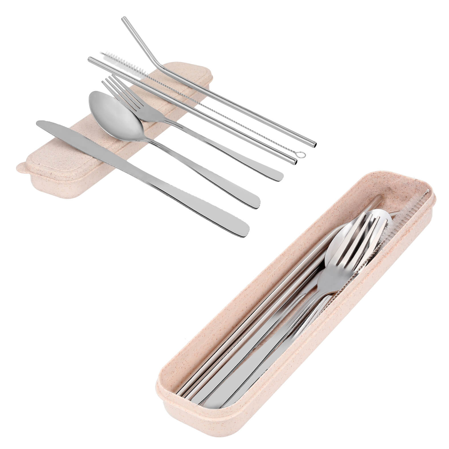 Set de cubiertos con estuche de wheat straw (fibra de trigo) que incluye: cuchara, tenedor, cuchillo, 2 popotes y cepillo, todos de acero inoxidable. UNICO