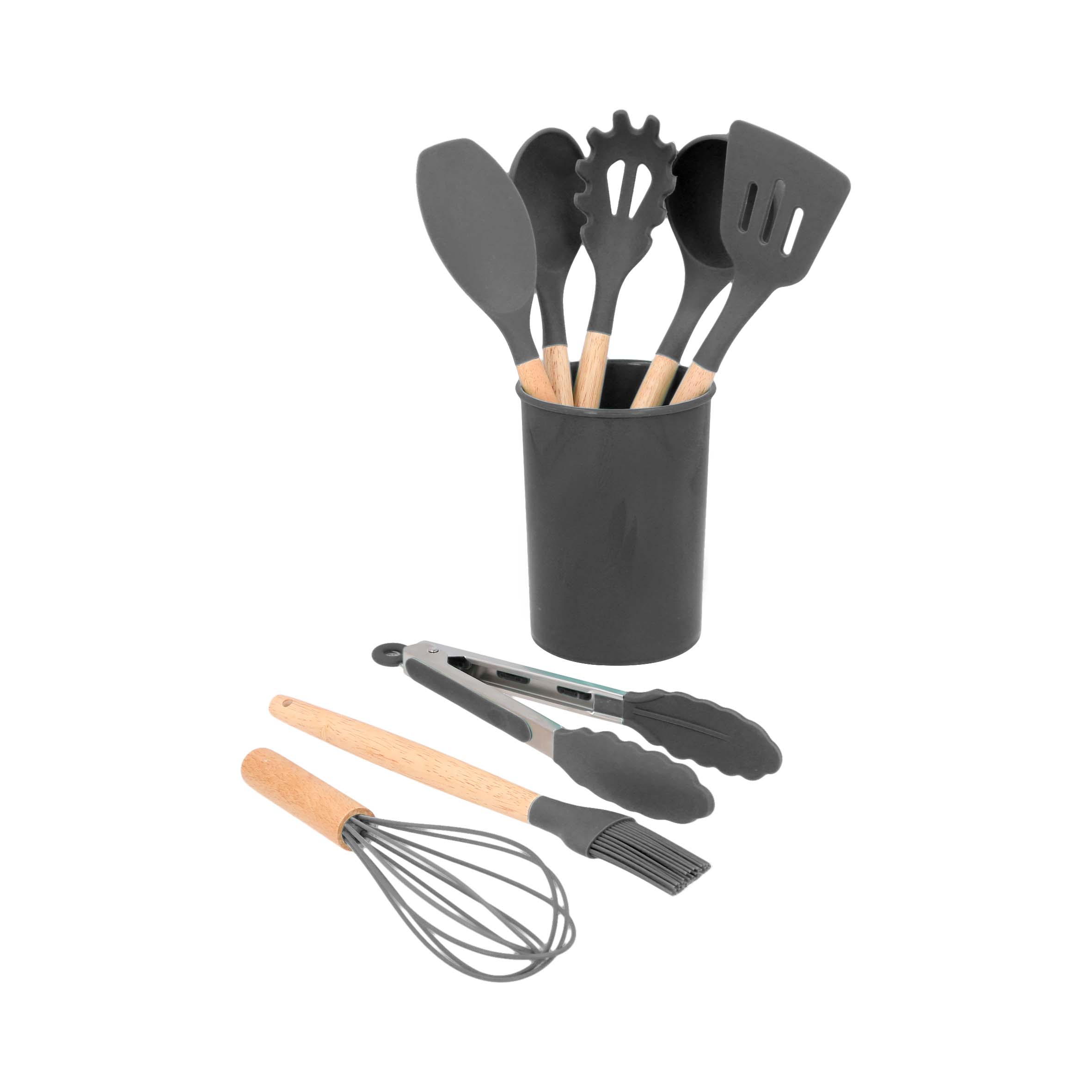 Set de cocina con 8 utensilios de silicona antiadherentes y madera. Incluye pinzas para cocina, volteador ranurado, servidor de pasta, batidor, cucharon de sopa profunda, cepillo para barnizar, cuchara solida y espátula. NEGRO