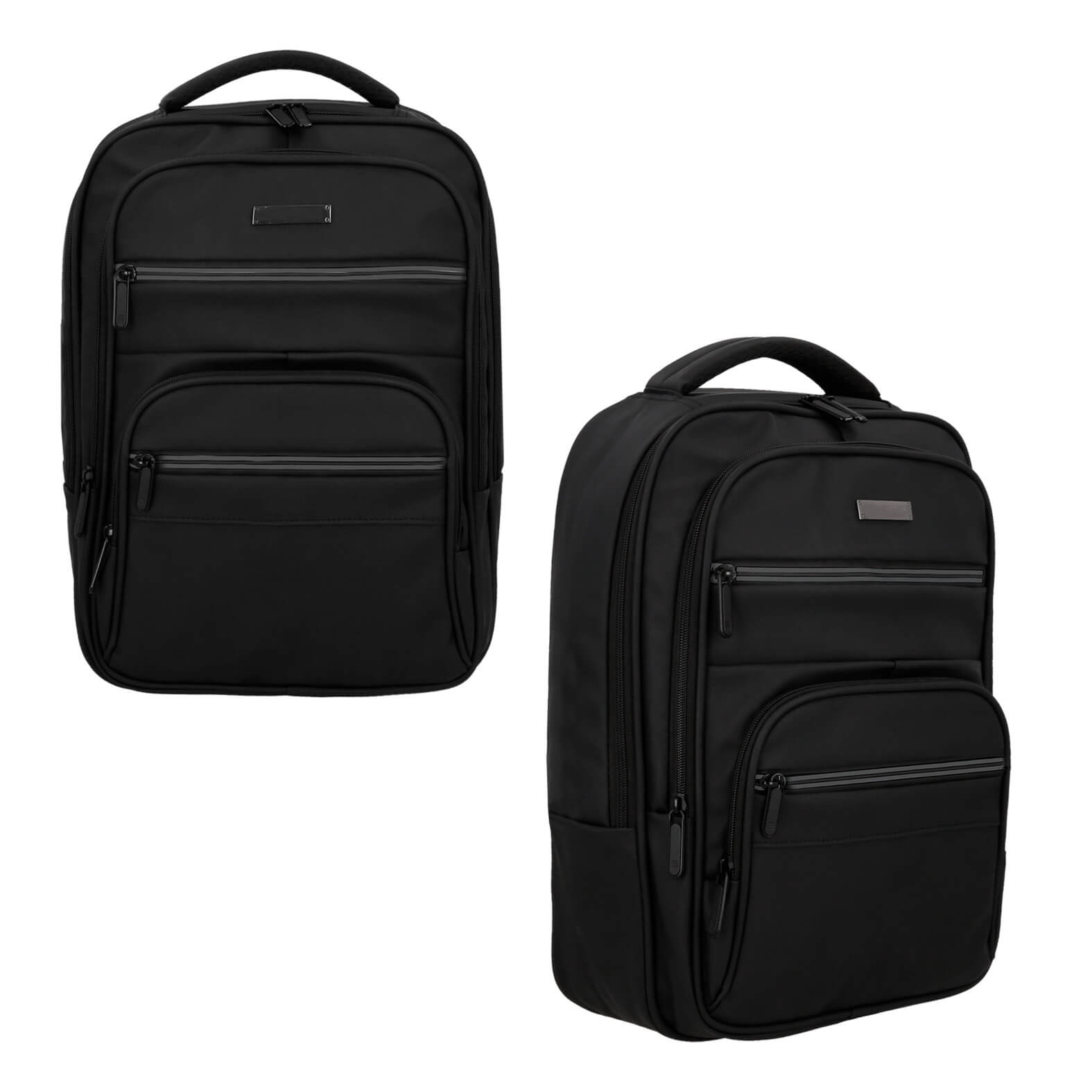 Mochila de 3 compartimentos, 1 compartimento principal con porta laptop, 2 bolsas frontales con cierre, tirantes acolchados y asa superior. NEGRO