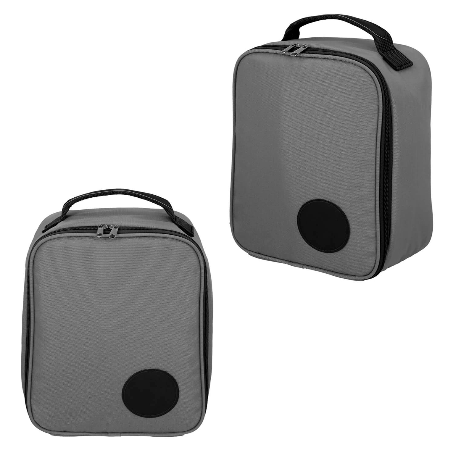 Lonchera de interior plástificado con cierre y asa superior. GRIS