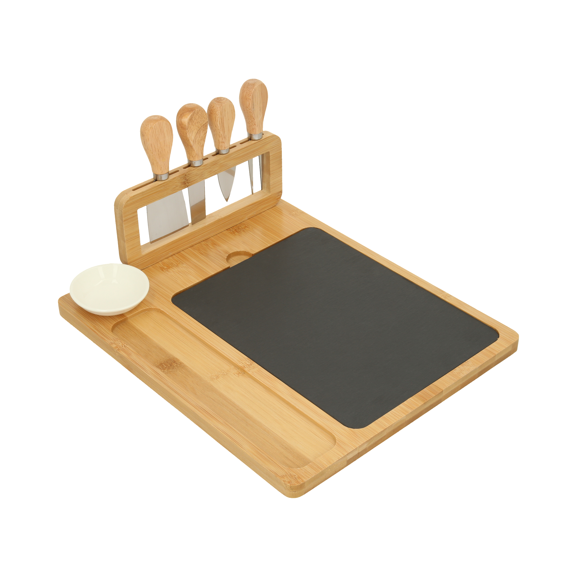 Tabla para quesos con piedra, incluye 1 mini cuchillo de pala, 1 mini tenedor para quesos, 1 cuchillo de avión estrecho, un cuchillo y un mini plato de cerámica. BAMBU