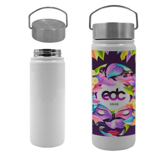 Termo sublimable con doble pared de acero inoxidable y tapa metálica enroscable con asa. BLANCO