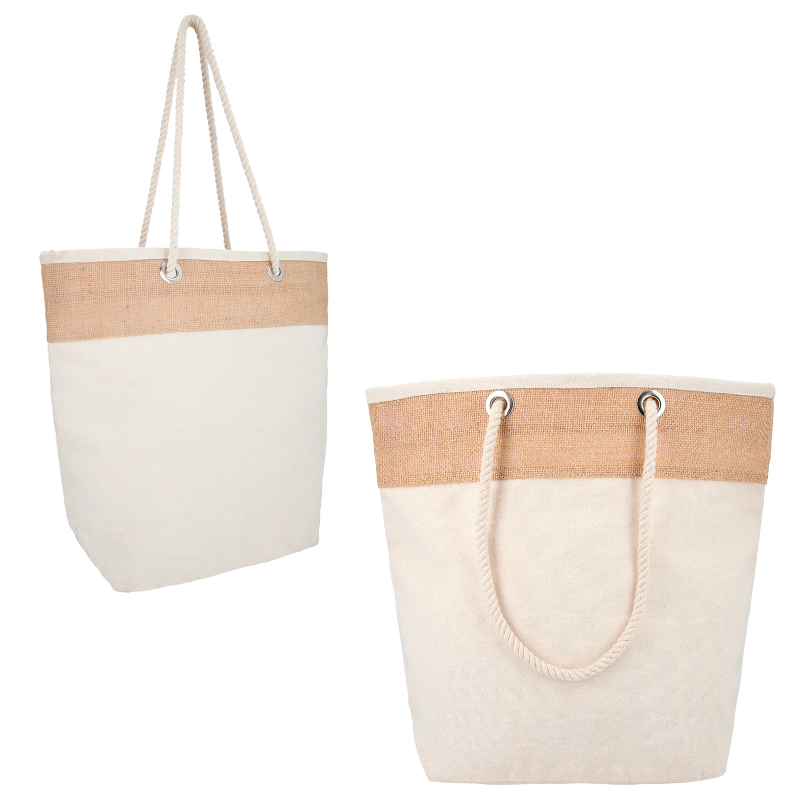 Bolsa de yute y algodón con arillos metálicos, asas y fuelle. UNICO