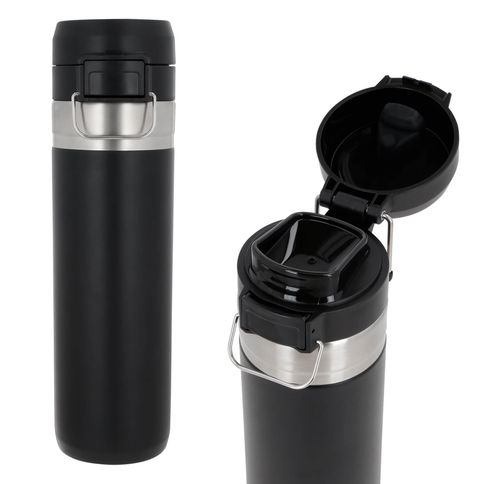 Termo con acabado rugoso, doble pared de acero inoxidable, insulado al vacío, tapa enroscable con candado de seguridad y asa metálica. NEGRO