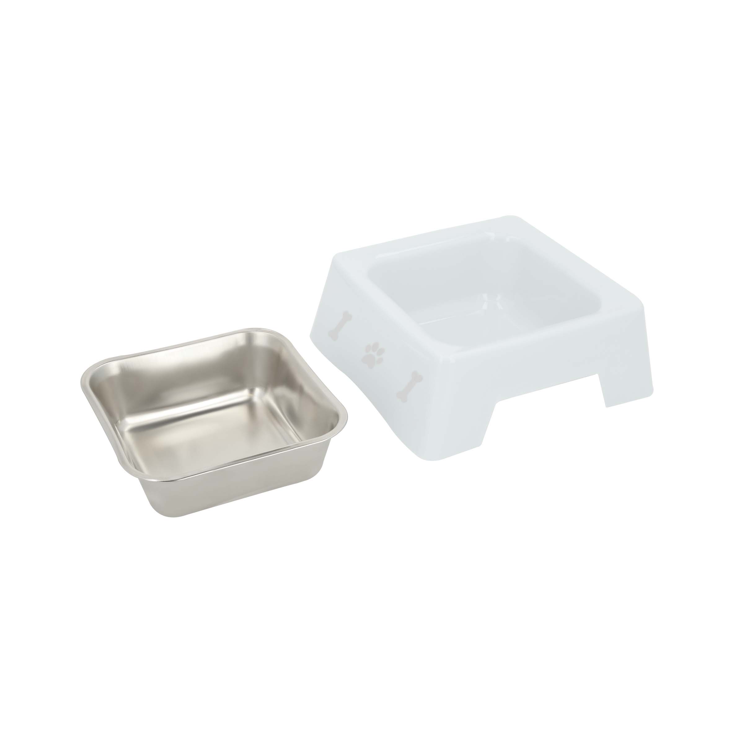 Plato de plástico cuadrado con elementos de hueso y huella de perro en los laterales, cuenta con pieza de aluminio removible. BLANCO