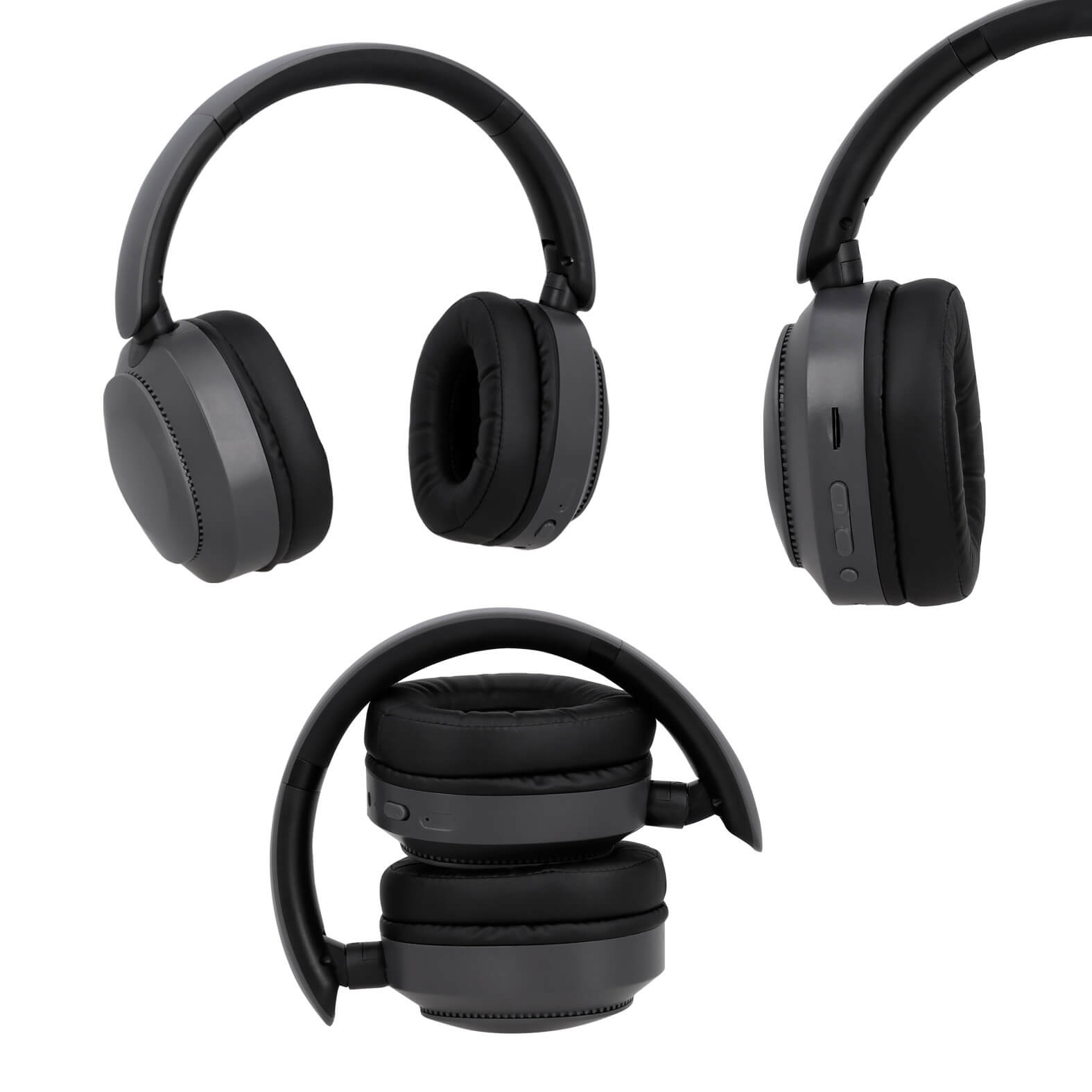 Audífonos plegables bluetooth de plástico que incluye función de manos libres, control de llamada, volumen, reproducción de audio, botón de encendido y apagado, entrada para tarjeta micro SD y auxiliar. Incluye cable de carga tipo C. GRIS